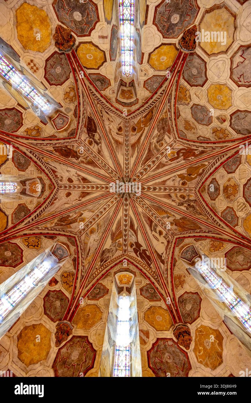 Intricate volte a soffitto dipinte con motivi a stella con colorate vetrate accenti in un edificio storico Foto Stock