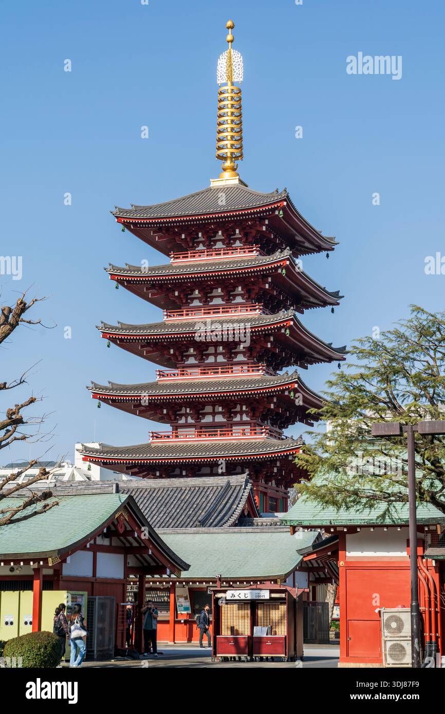 Edifici del tempio con la pagoda a cinque piani che torreggiano dietro di loro al tempio senso-ji, noto anche come tempio Asakusa kannon, in un giorno di primavera di sole. Cielo blu Foto Stock