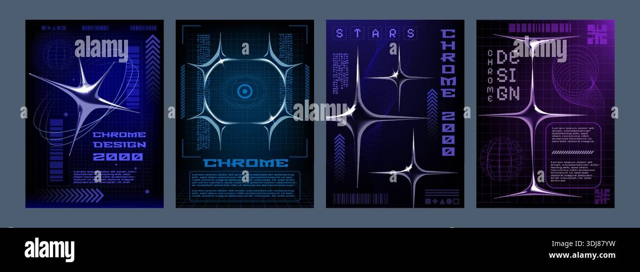 Poster cromato Y2K. matrice olografica retrò 3d, futuristica sfondo digitale color argento anni '2000. Collezione verticale di striscioni, volantini o copertina con effetto metallizzato. Illustrazione vettoriale Illustrazione Vettoriale