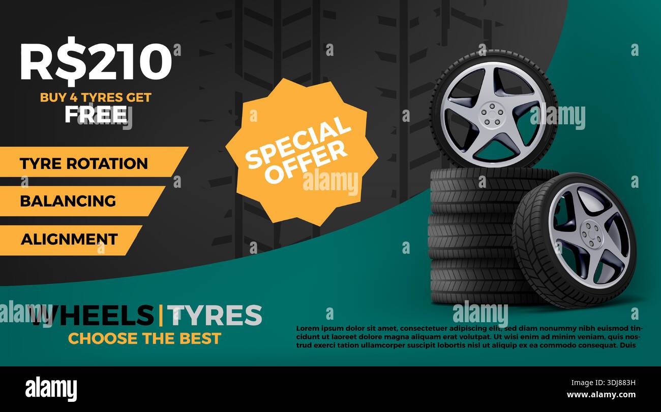 Modello di design banner annuncio per auto con pneumatici. Volantino ruote per pneumatici. Vendita di servizi auto o pubblicità per riparazioni automobilistiche. Negozio di garage. Sostituzione della protezione in gomma e cerchione Illustrazione Vettoriale