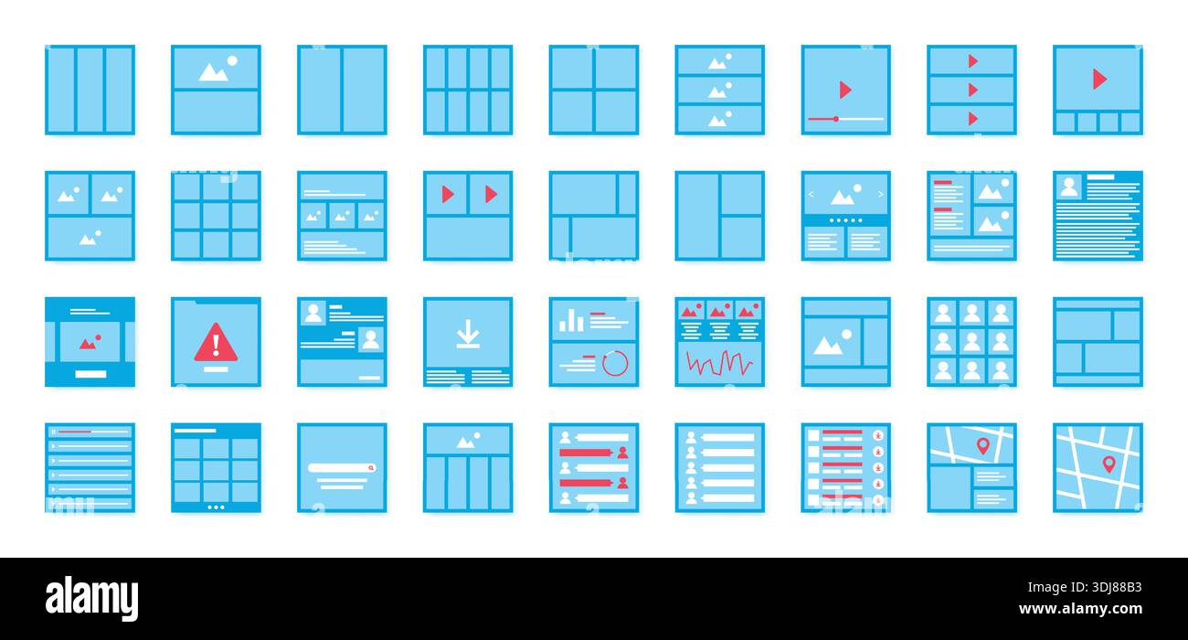 Kit UI UX. Wireframe del flusso Web. Elementi di mockup dell'interfaccia del sito Web o del diagramma di flusso per il sito mobile. Lettore video. Navigazione mappa. Finestra del browser. Chat Messenger. Album fotografico. Set di modelli di disegno vettoriali Illustrazione Vettoriale
