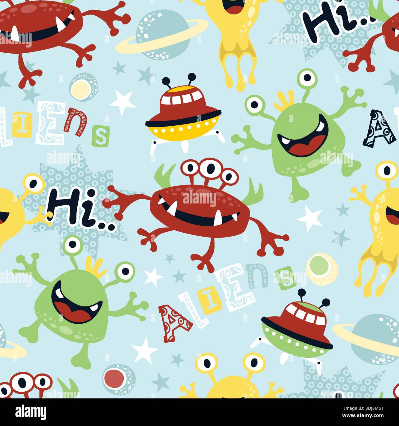 Simpatici alieni colorati e mostri nello spazio sfondo con motivo senza cuciture. Illustrazione Vettoriale