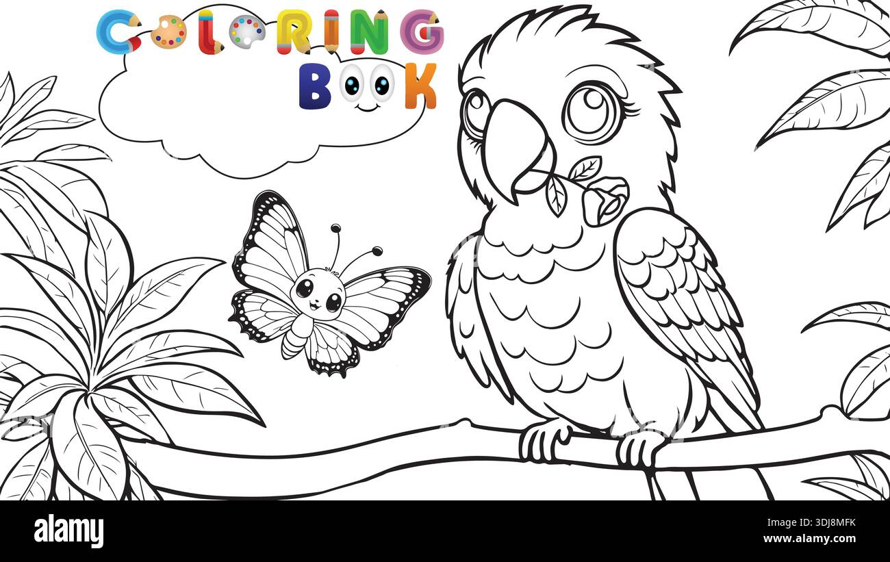 Grazioso pappagallo arroccato su un ramo con una farfalla in una pagina di libri da colorare nella giungla tropicale. Illustrazione Vettoriale