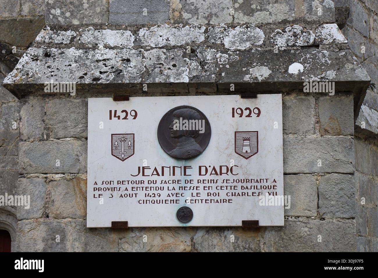 Plaque en mémoire de Jeanne d'Arc, ville de Provins, département de Seine et Marne, Francia Foto Stock