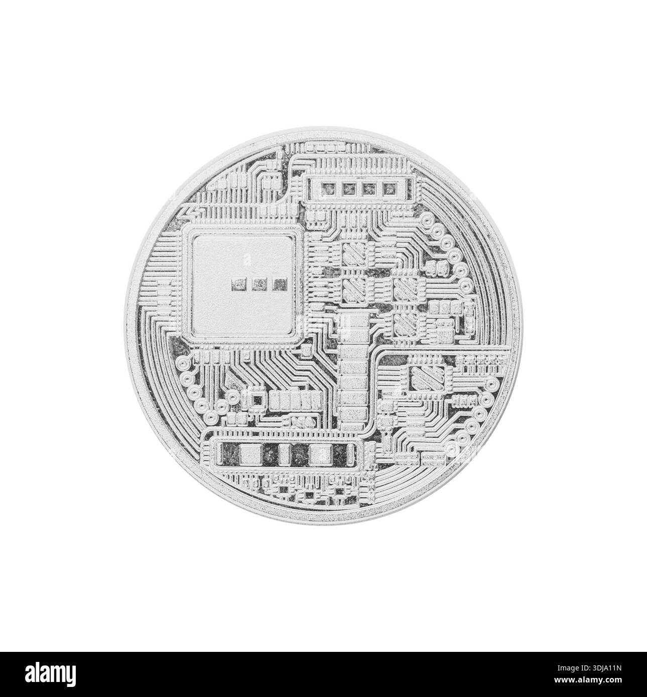 Bitcoin argento su sfondo bianco, vista dall'alto Foto Stock