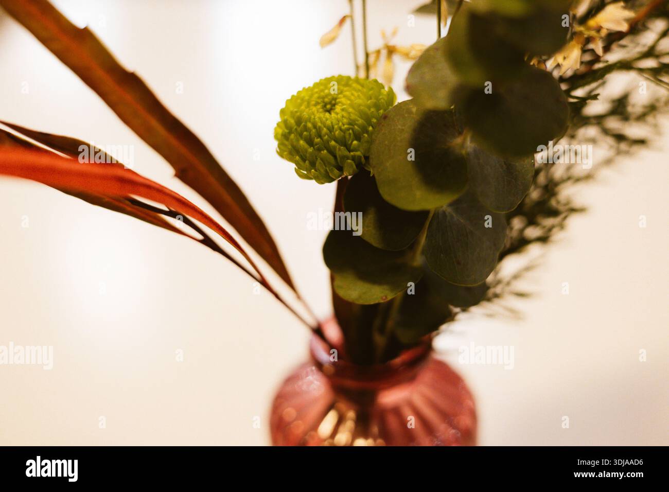 Composizione floreale Moody con garofani arancioni e crisantemi verdi. Composizione botanica romantica in stile cinematografico. Fiori da sposa. Foto Stock