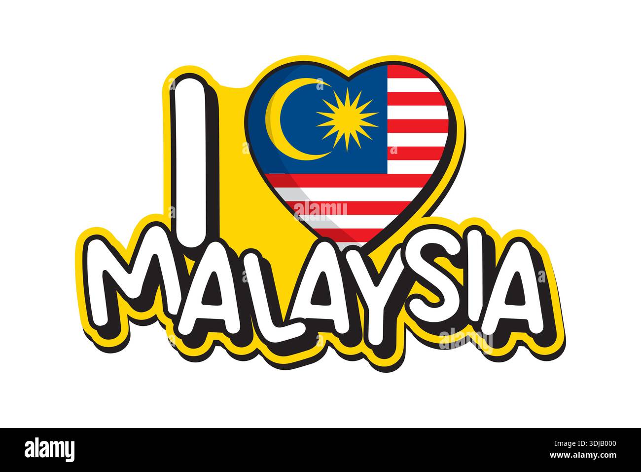 Bold i Love Malaysia tipografia con bandiera malese a forma di cuore, perfetta per il giorno dell'indipendenza, disegni patriottici e celebrazioni nazionali. Illustrazione Vettoriale
