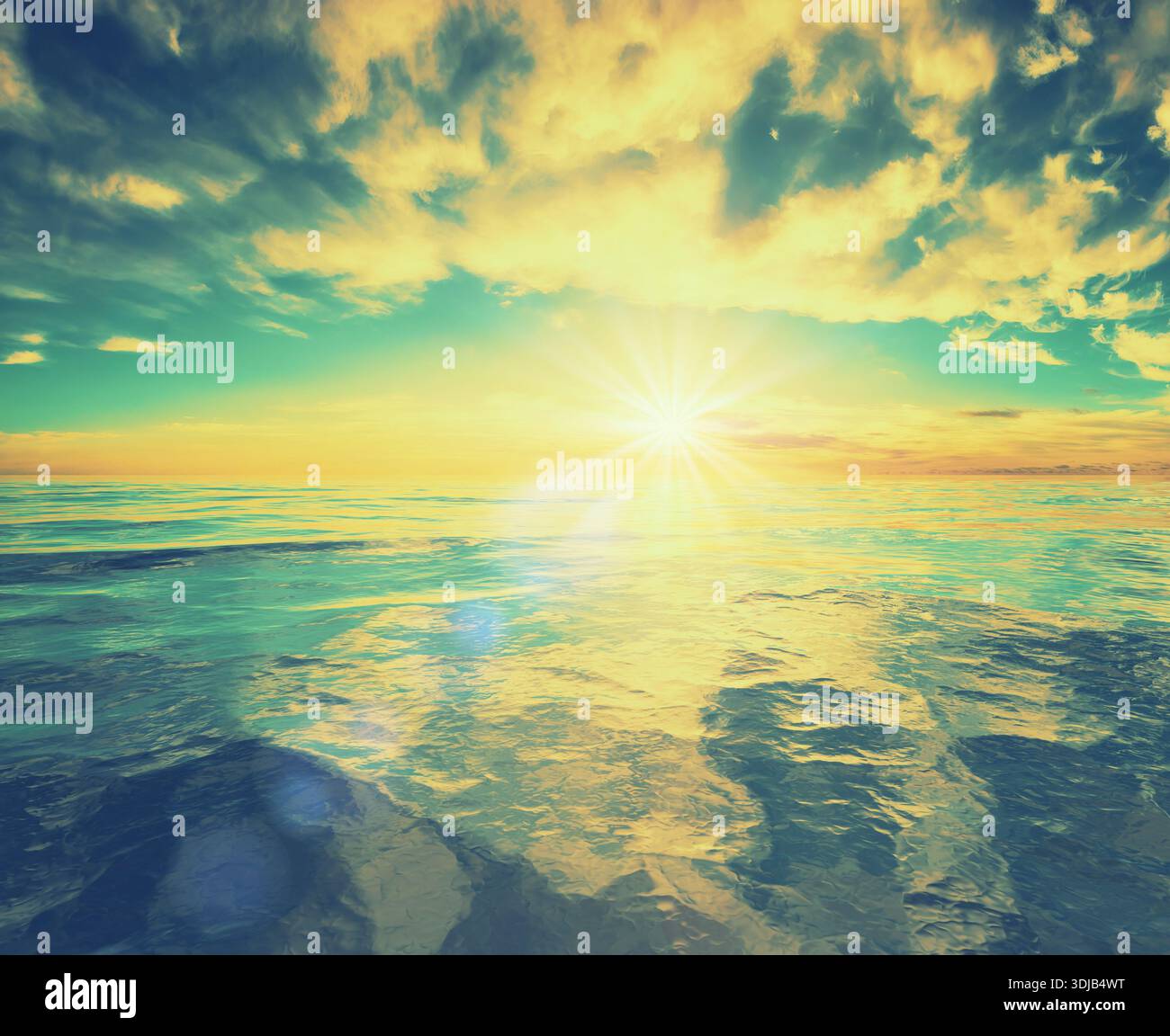 La luce del sole dorata illumina un oceano tranquillo, con le sue acque calme che rispecchiano le vibranti nuvole sopra Foto Stock