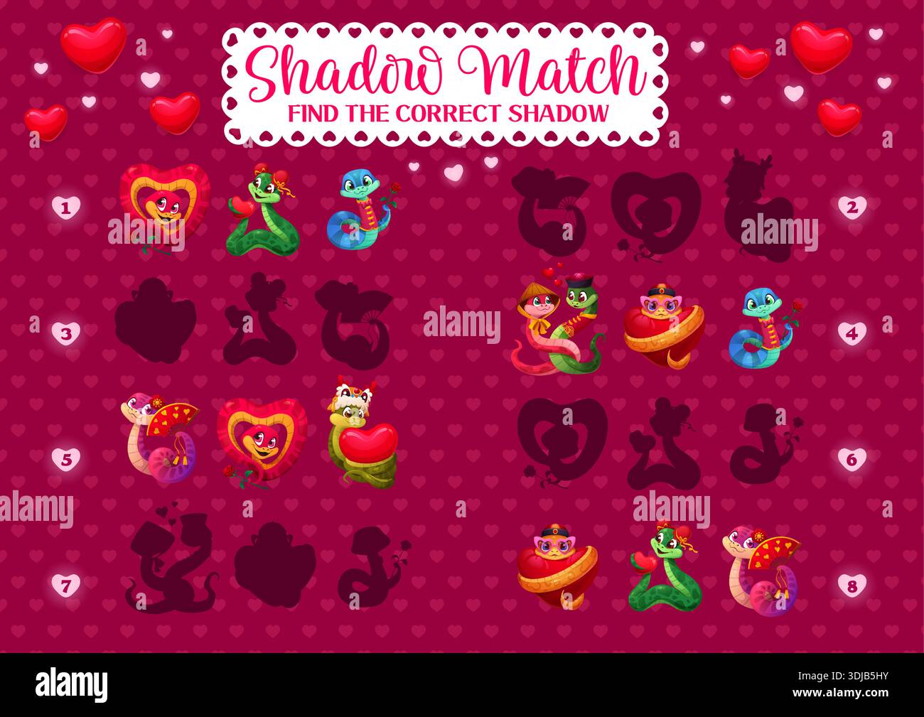 Foglio di lavoro del gioco Shadow Match con serpenti dei cartoni animati e cuori di San Valentino. Puzzle vettoriale con simpatici personaggi serpenti con fiori di rosa e ombre di cuori. Festa d'amore di San Valentino Illustrazione Vettoriale