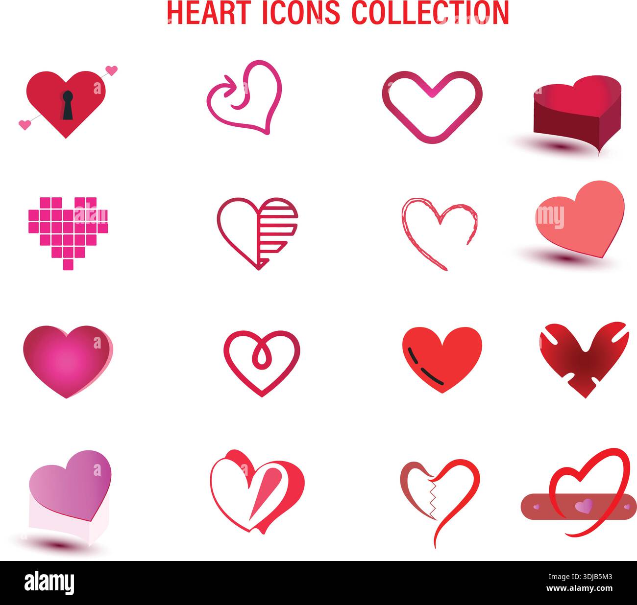 Vari simboli del cuore visualizzati come una raccolta di icone. Illustrazione Vettoriale