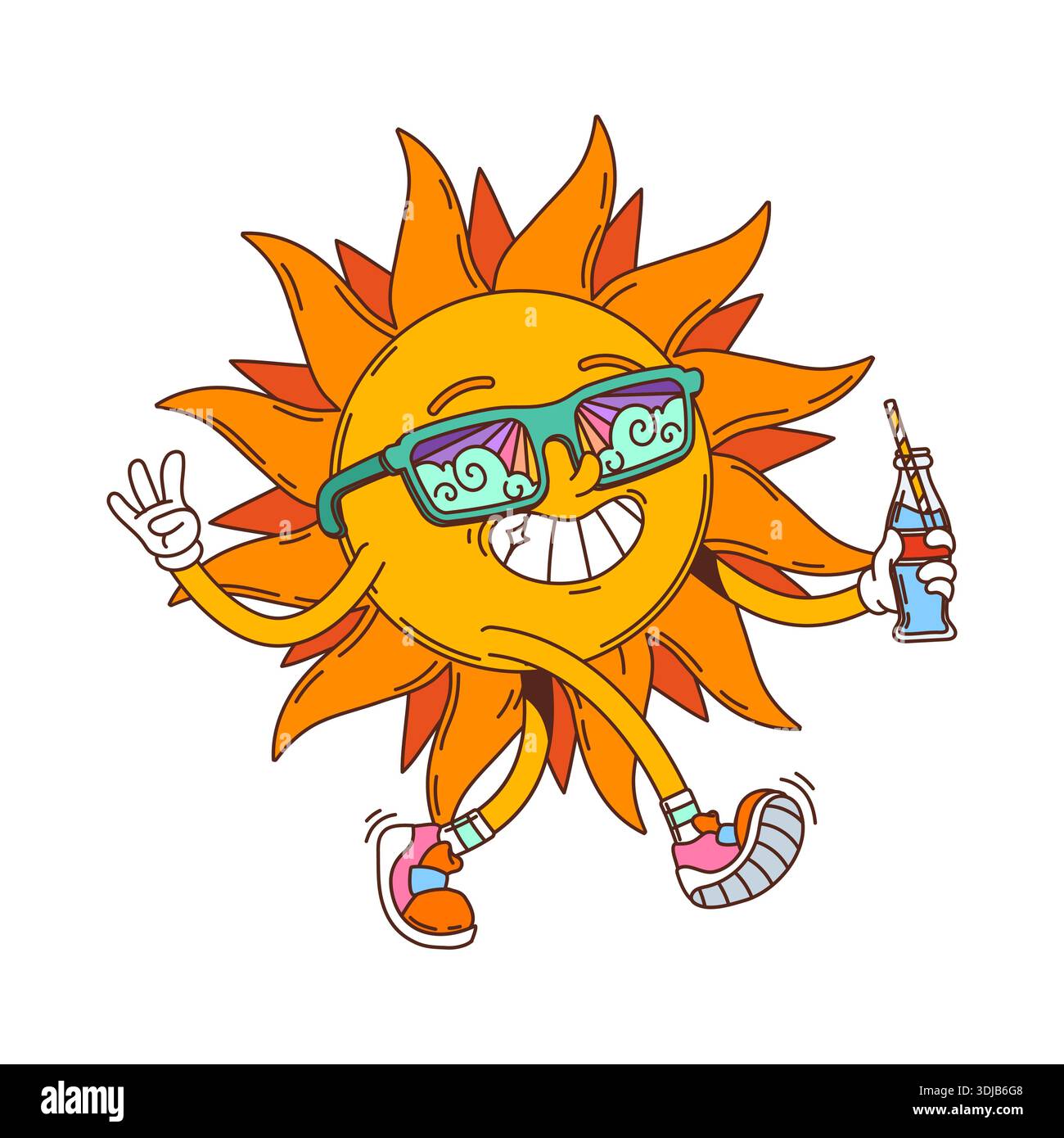 Personaggio soleggiato hippie dei cartoni animati che indossa occhiali da sole luminosi e cammina con un sorriso allegro. Vettoriale personaggio retrò soleggiato e pieno di energia che regge una bottiglia di bevanda, crea un'atmosfera estiva vintage y2k felice Illustrazione Vettoriale