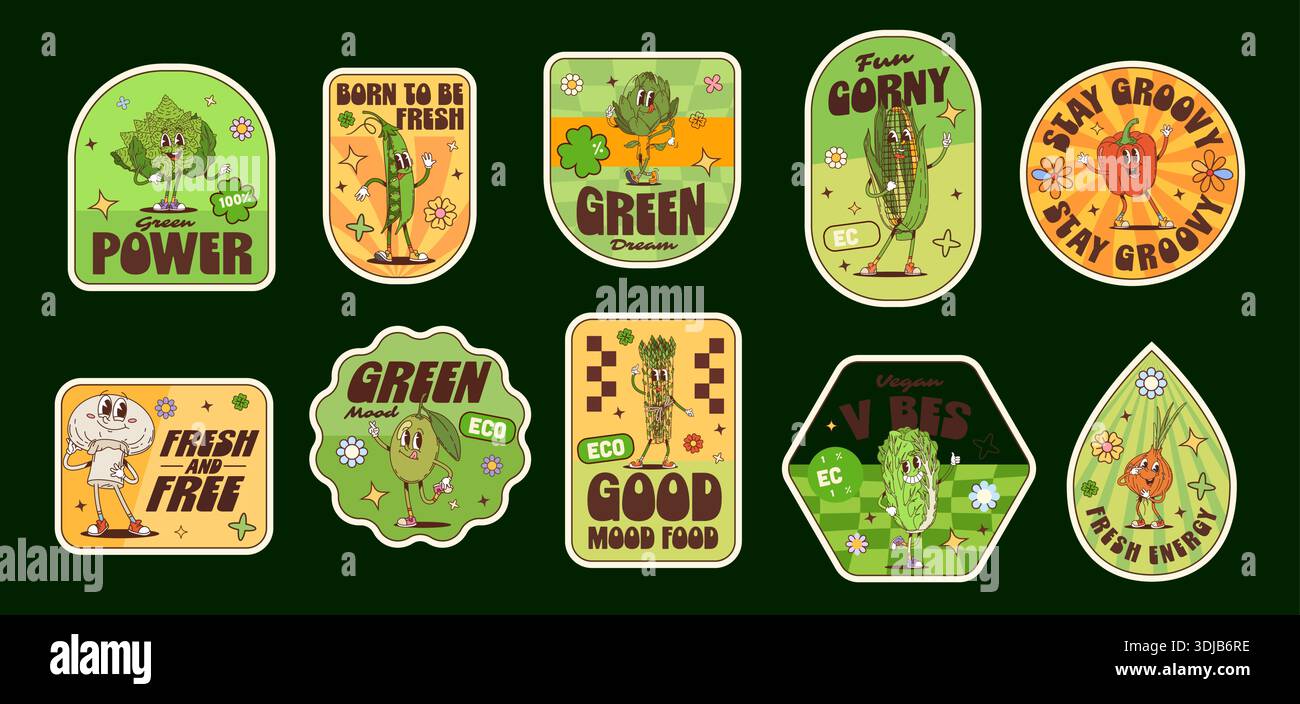 Verdure fresche, etichette adesive, verdure mature e toppe retrò. Stravaganti adesivi vettoriali con un divertente carattere di mais, piselli, cavolo, pepe, funghi, olive, asparagi e cipolla. Personaggi retrò Illustrazione Vettoriale