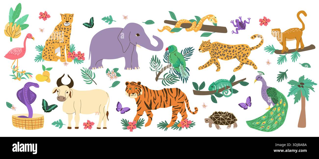 Set di animali dell'India. Illustrazione vettoriale piatta cartoni animati isolata su bianco. Tigre del Bengala, pavone, mucca bianca o zebu, tartaruga stellata, cobra e rosa Illustrazione Vettoriale
