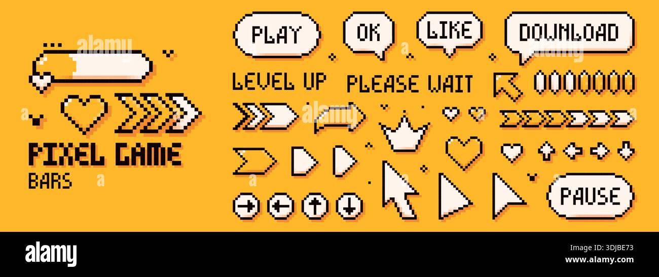 Pixel pack di barre di caricamento ed elementi di gioco. Frecce, bollicine, percentuali, cuore. Illustrazione Vettoriale