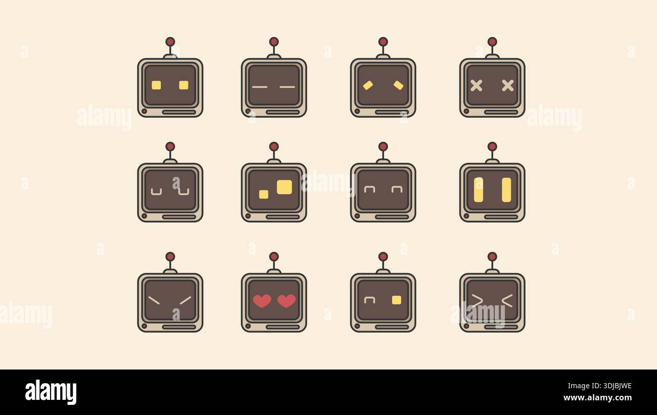 Adesivi e scarabocchi volti in stile chatbot emoji. Illustrazione in stile retrò avatar robotico ai Illustrazione Vettoriale