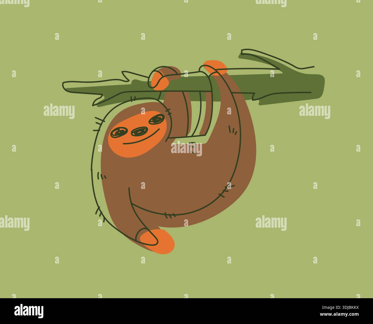 I cartoni animati verdi e marroni delimitano il bradipo appeso a un albero. Vita animale selvaggia Illustrazione Vettoriale