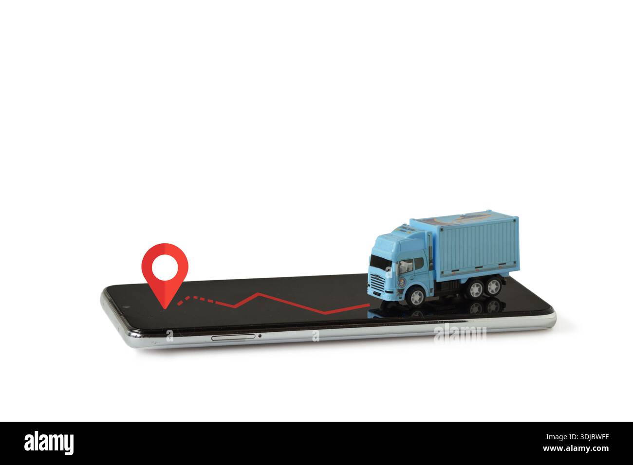 Telefono cellulare con icona della mappa della posizione e veicolo industriale - concetto di tecnologia, monitoraggio e consegna Foto Stock