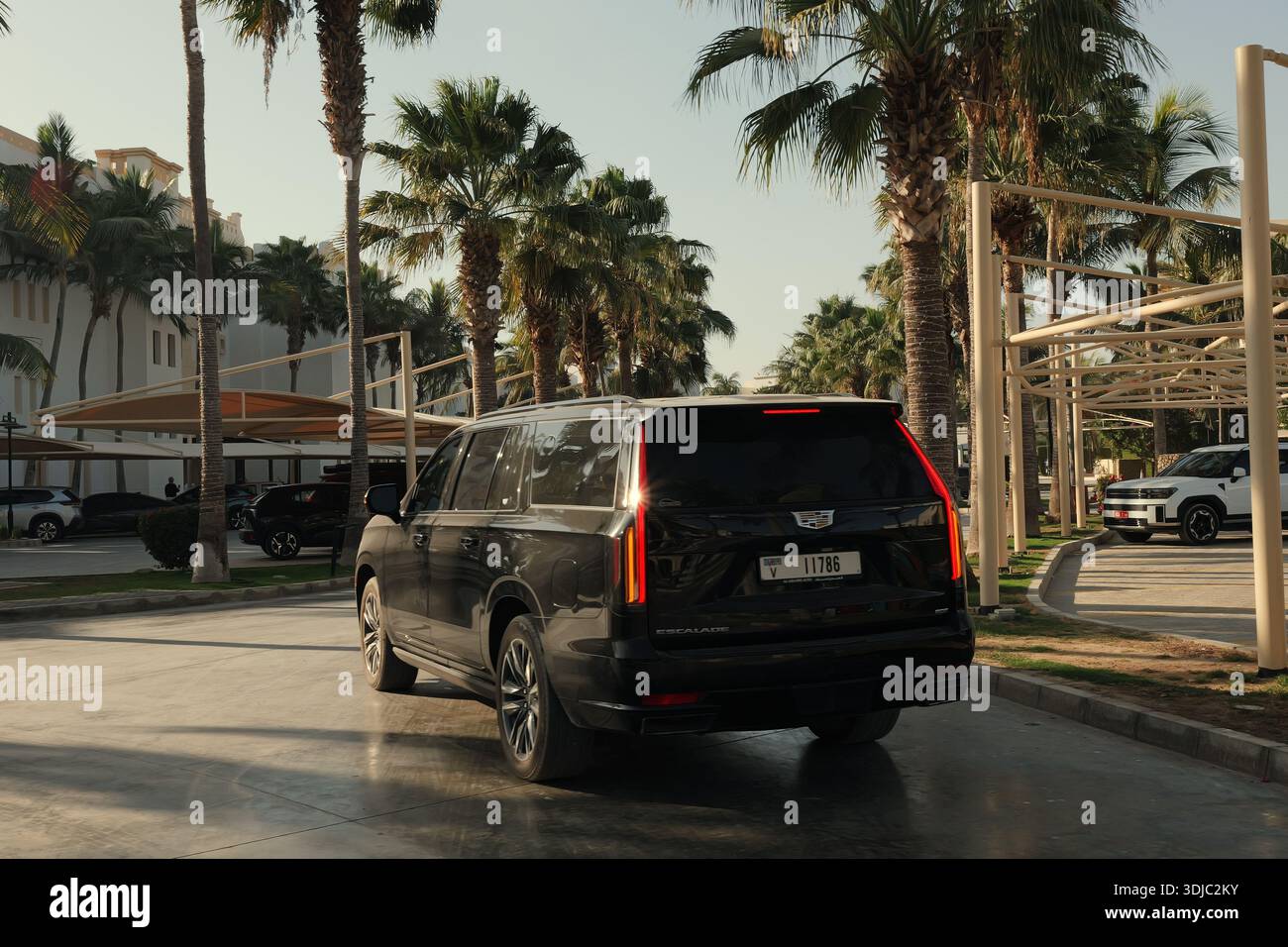 Vista posteriore di un SUV nero di lusso (Cadillac Escalade) che attraversa un'area soleggiata di Hawana Salalah, Oman, circondata da lussureggianti palme e mod Foto Stock