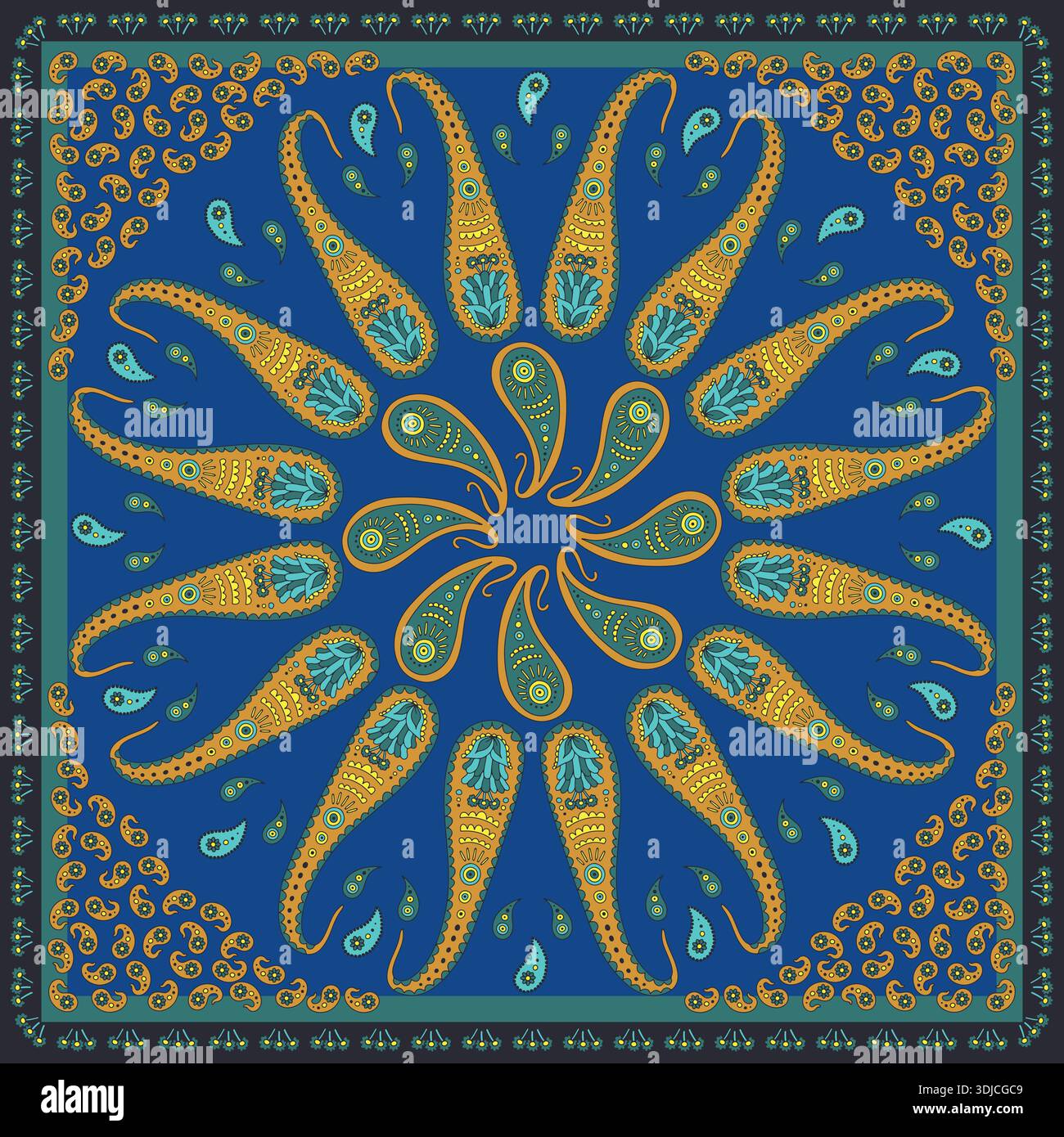Complessa sciarpa colorata blu e gialla o motivo bandana con motivo paisley mandala Illustrazione Vettoriale