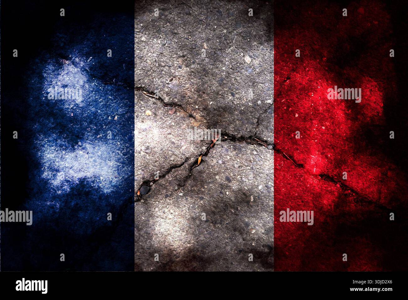 La bandiera francese è stata esposta diverse volte. Utilizzare come mappa di base o sfondo. Ologramma creativo a doppia esposizione. Foto Stock