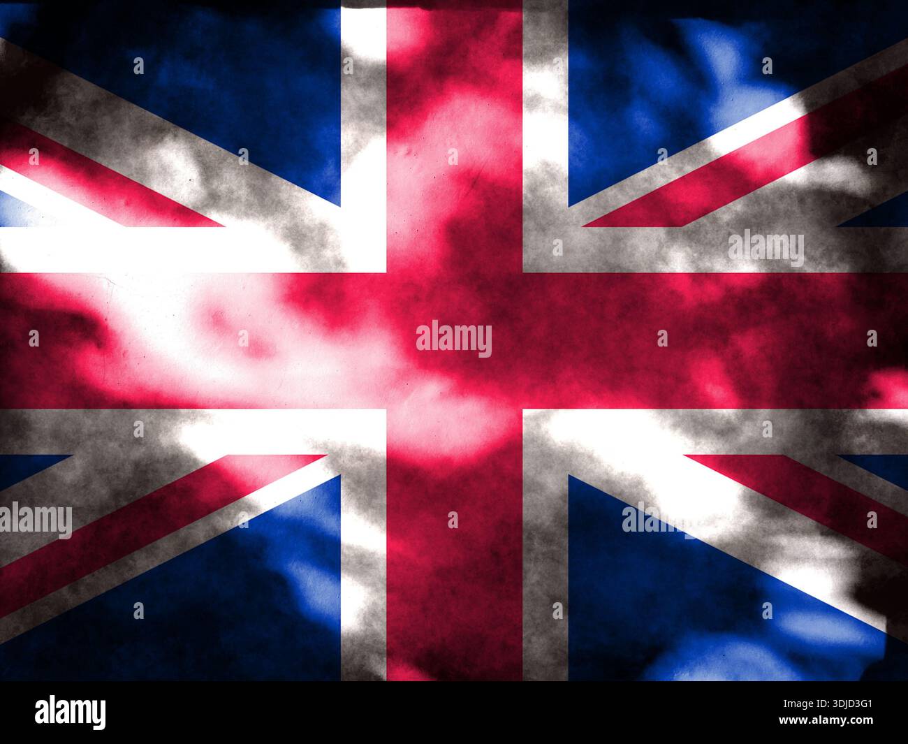 Doppia esposizione della spaventosa bandiera Union Jack. Mappa di base o uso dello sfondo. Bandiera britannica ologramma creativo a doppia esposizione Foto Stock