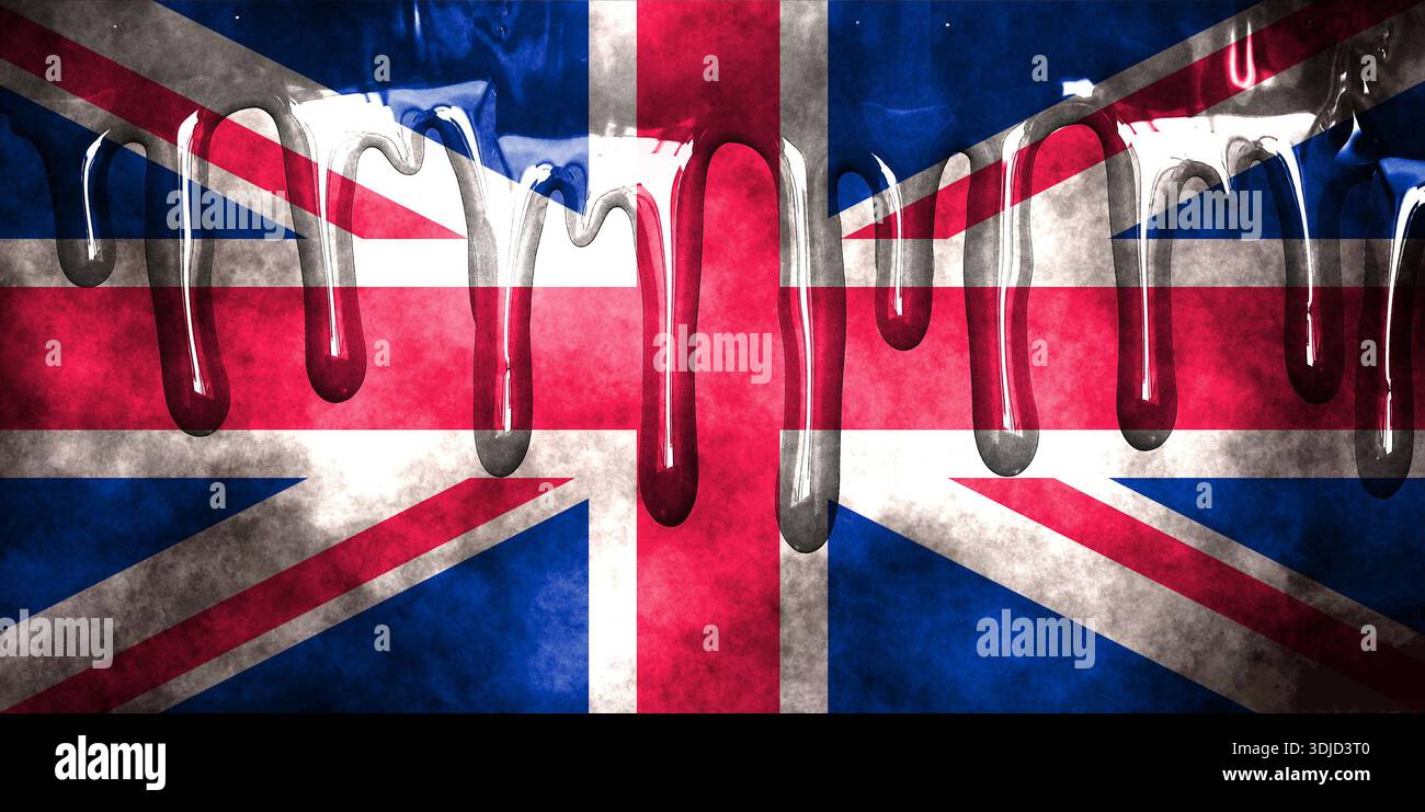 Doppia esposizione della spaventosa bandiera Union Jack. Mappa di base o uso dello sfondo. Bandiera britannica ologramma creativo a doppia esposizione Foto Stock