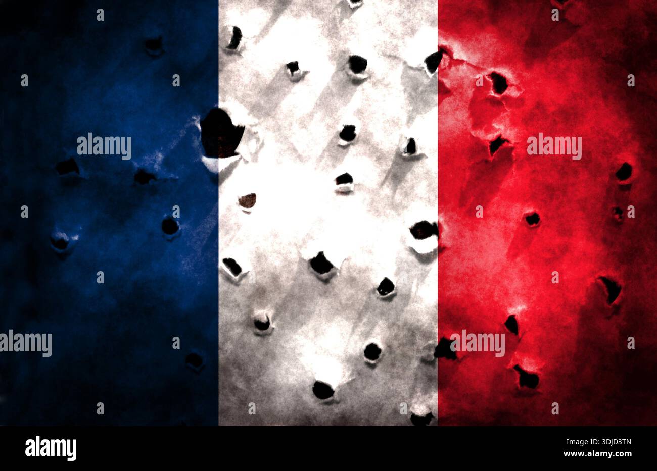 La bandiera francese è stata esposta diverse volte. Utilizzare come mappa di base o sfondo. Ologramma creativo a doppia esposizione. Foto Stock