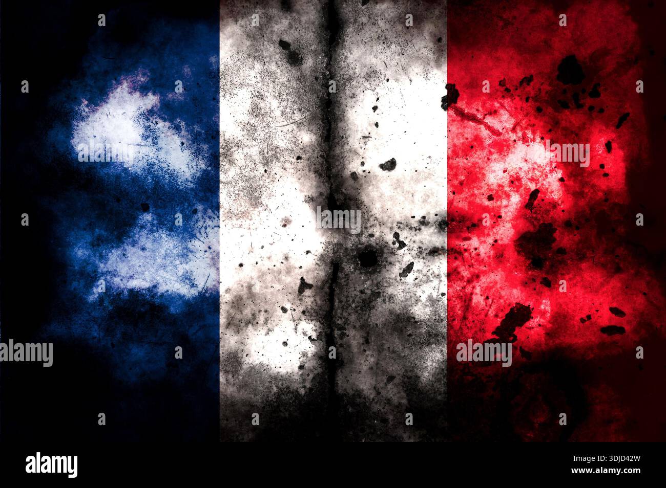 La bandiera francese è stata esposta diverse volte. Utilizzare come mappa di base o sfondo. Ologramma creativo a doppia esposizione. Foto Stock