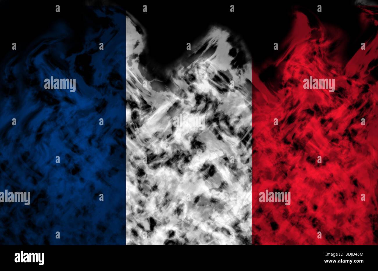 La bandiera francese è stata esposta diverse volte. Utilizzare come mappa di base o sfondo. Ologramma creativo a doppia esposizione. Foto Stock