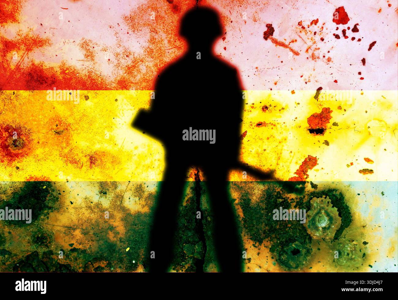 Bandiera boliviana doppia esposizione. Simbolo che raffigura un colpo di stato. Colpo di stato e guerra civile in Niger. Si applica alla mappa di base o alle descrizioni dei report Foto Stock