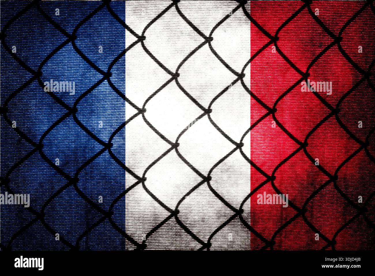 La bandiera francese è stata esposta diverse volte. Utilizzare come mappa di base o sfondo. Ologramma creativo a doppia esposizione. Foto Stock