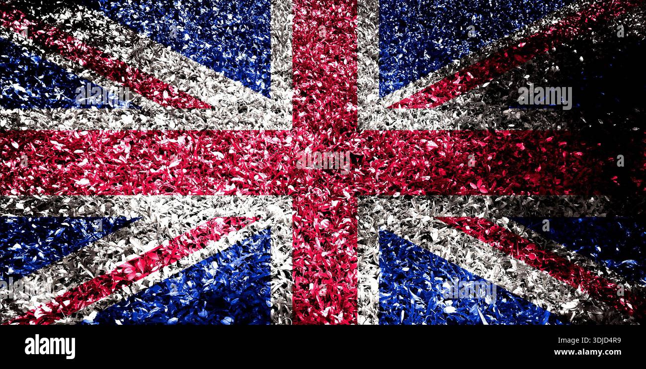 La Union Jack è stata esposta diverse volte. Utilizzare come mappa di base o sfondo. Ologramma creativo a doppia esposizione. Foto Stock
