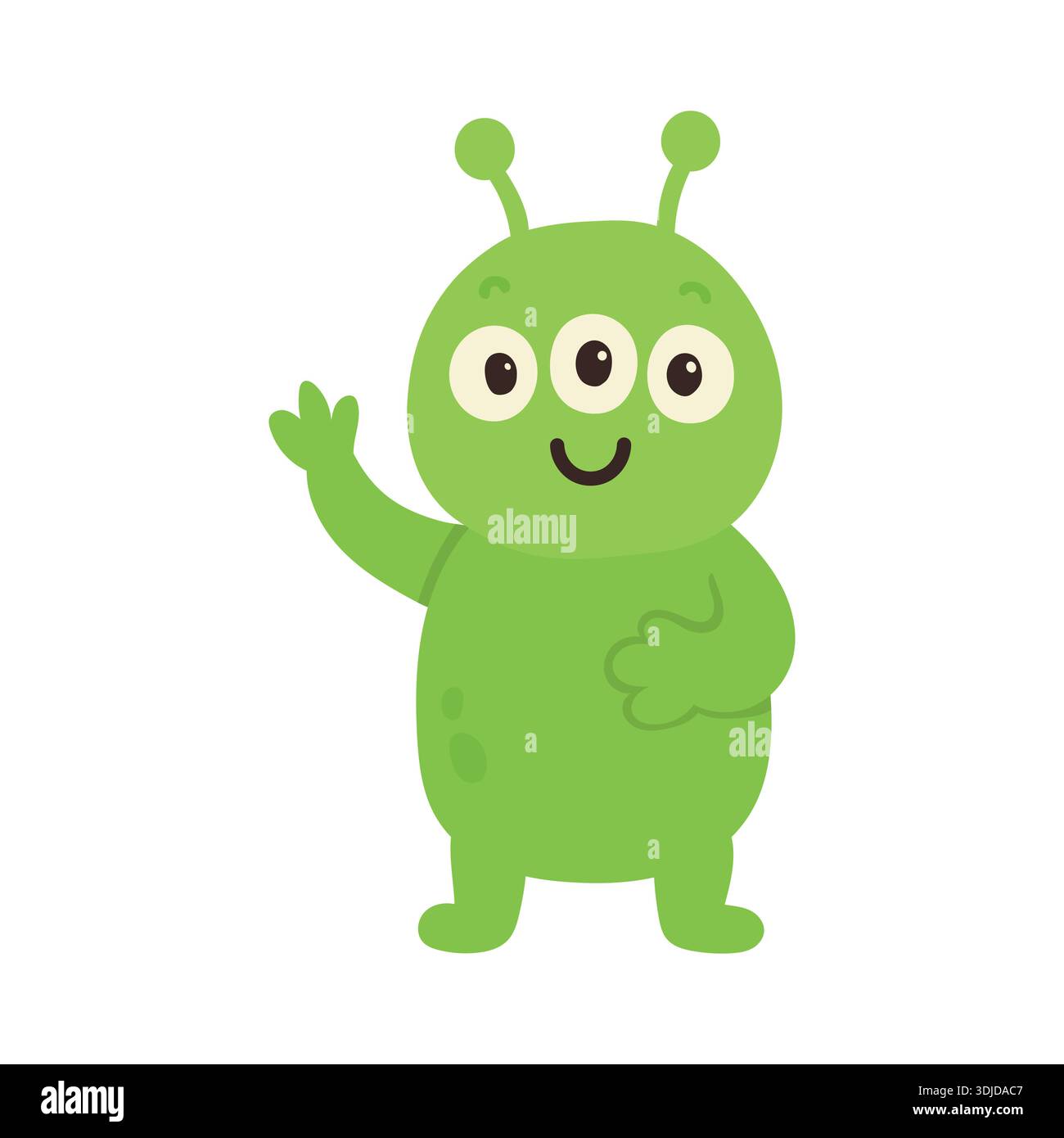 I personaggi alieni dei cartoni animati a tre occhi accolgono gli spettatori, adatti per il design dei fumetti, i loghi delle mascotte e le divertenti illustrazioni delle creature per bambini Illustrazione Vettoriale