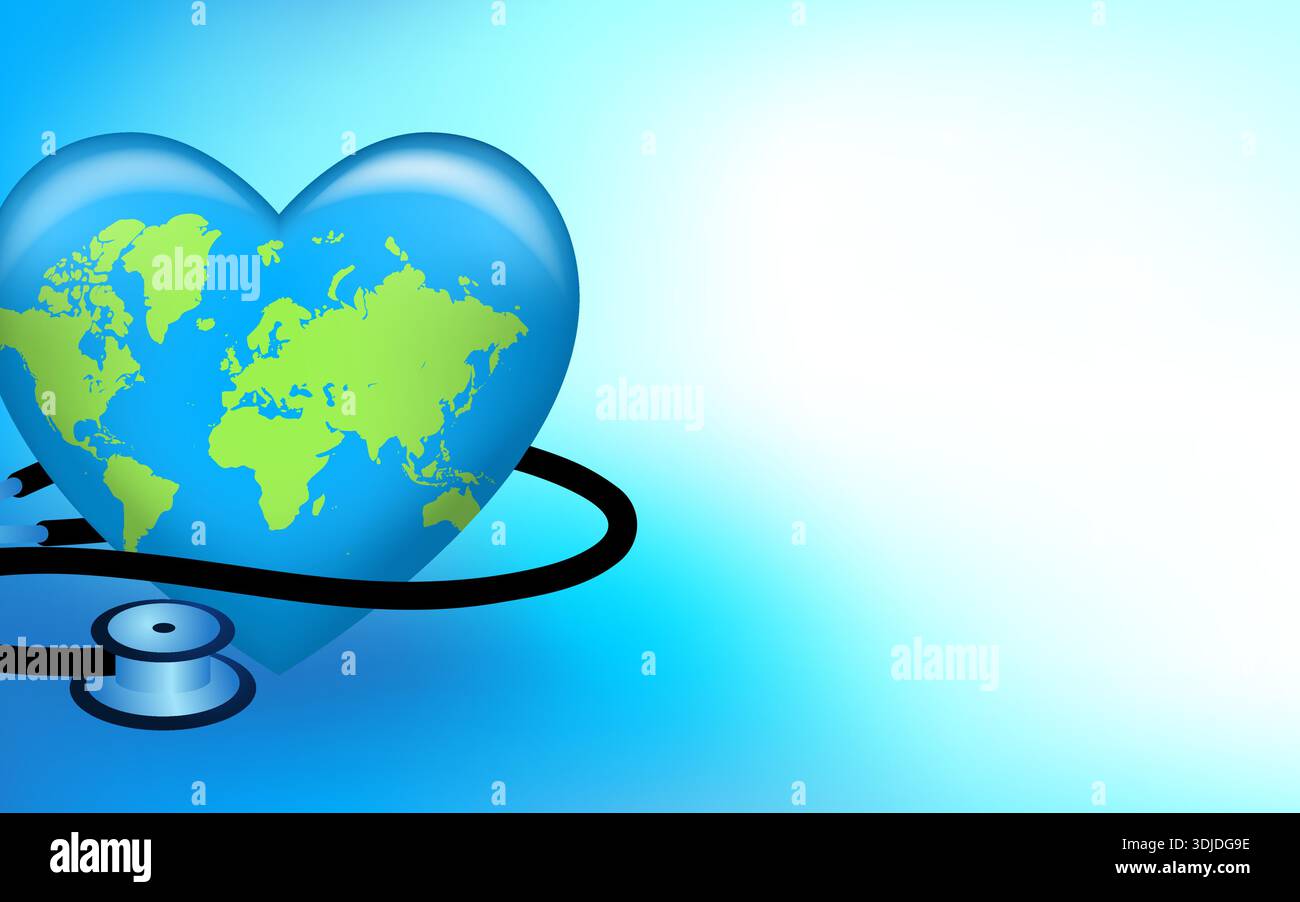 Globe Heart con stetoscopio. Sfondo del modello di illustrazione del concetto di salute cardiaca e assistenza medica globale. Illustrazione Vettoriale