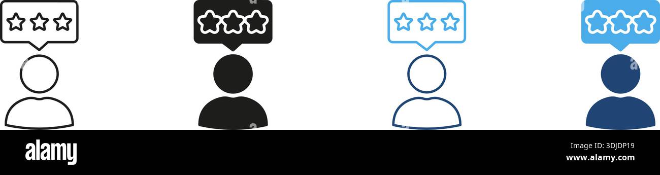 Valutazione dell'utente con linea stelle e insieme di icone continue. Simbolo di valutazione del feedback e della soddisfazione dei clienti. Valutazione della qualità aziendale e dei servizi Illustrazione Vettoriale