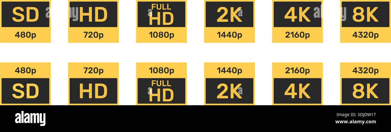 Icone risoluzione video impostate. Raccolta dei simboli di qualità e risoluzione dello schermo. Uso multimediale e tecnologico. Ultra HD Icon Collection. Isolato Illustrazione Vettoriale