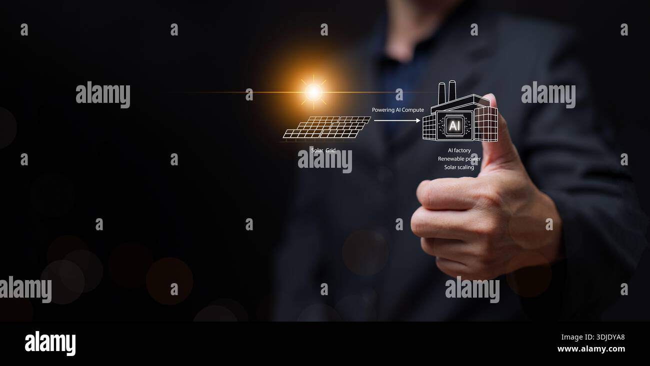 Concetto di intelligenza artificiale a energia solare con un uomo d'affari che fornisce energia rinnovabile dal sole alimentando l'infrastruttura di una fabbrica di intelligenza artificiale Foto Stock