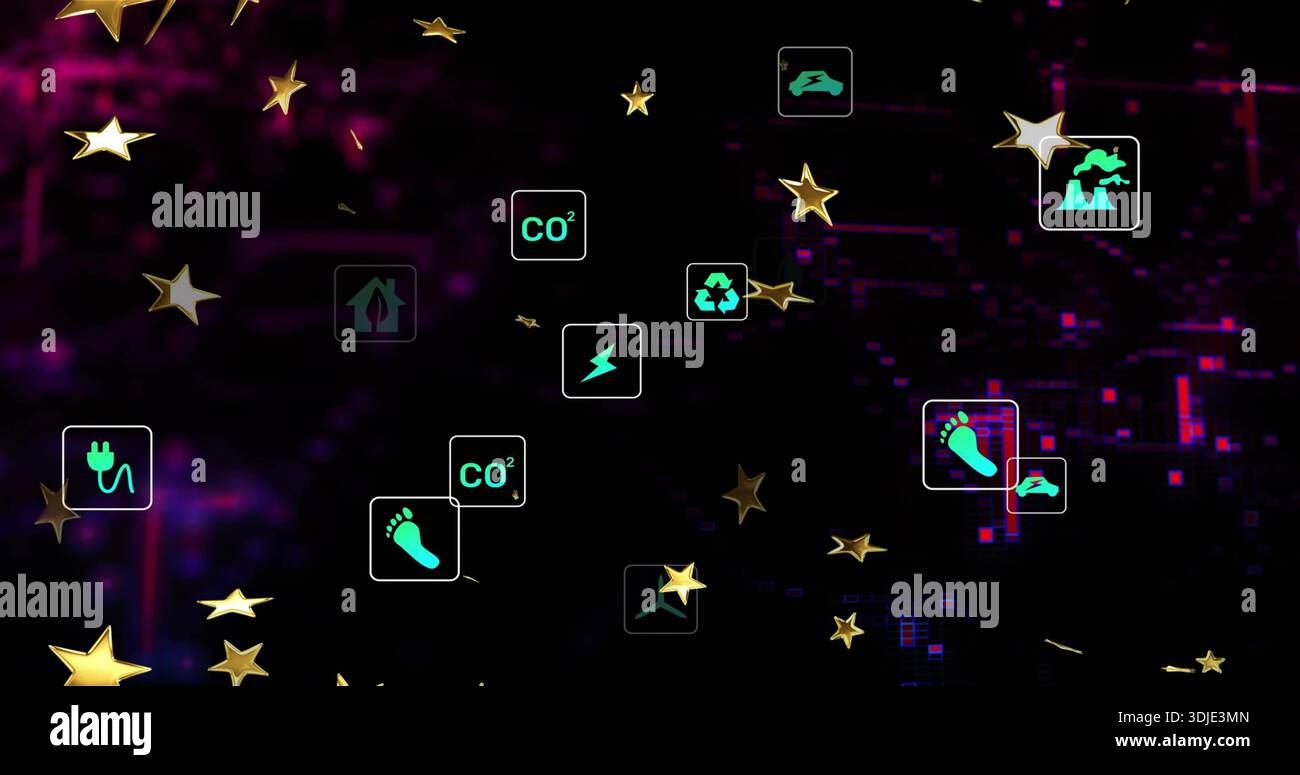 Visualizzazione di icone color ottanio e stelle dorate che fluttuano sullo schermo scuro, impronta della turbina con tappo di riciclo CO2 Foto Stock