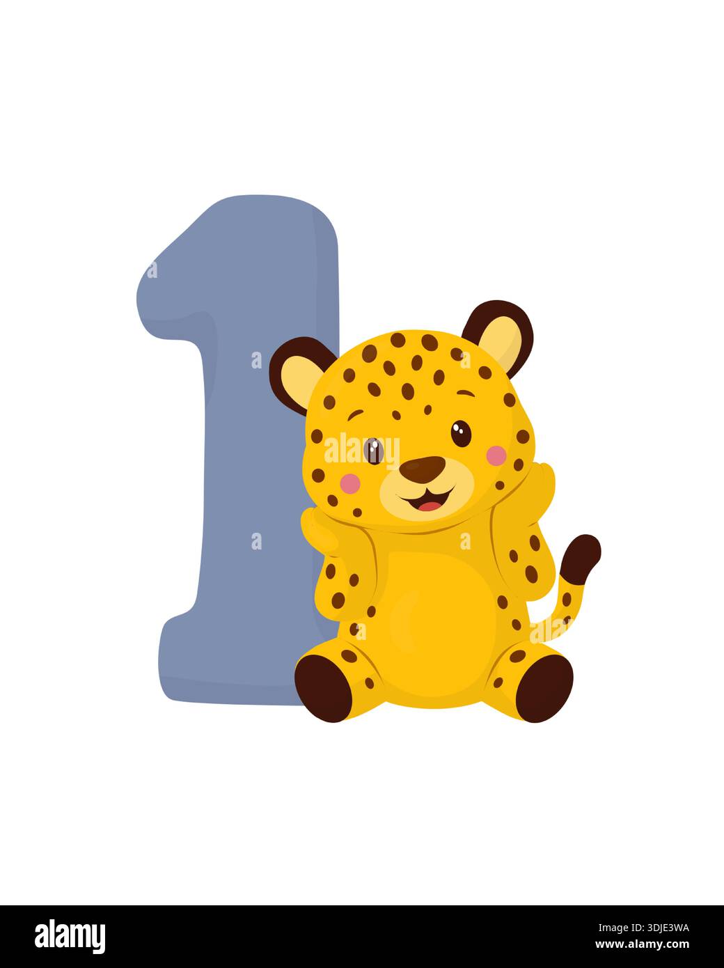 Carino leopardo seduto accanto a un grande numero uno. Illustrazione vettoriale piatta. Il personaggio degli animali amichevoli lavora per i temi del primo compleanno, i primi studenti Illustrazione Vettoriale