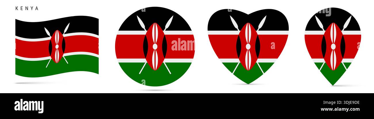 Bandiera del Kenya, badge adesivo circolare, icona a forma di cuore, spilla della mappa. Bottoni bandiera keniota di forme diverse. illustrazione isolata su bianco. Foto Stock