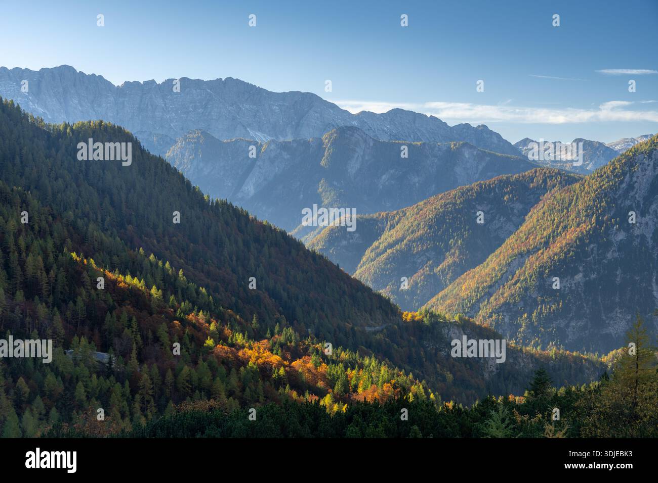Vista aerea della luce del sole che circonda gli alberi autunnali annidati nelle valli sotto le imponenti e aspre montagne, Soča, Tolmin, Slovenia. Foto Stock