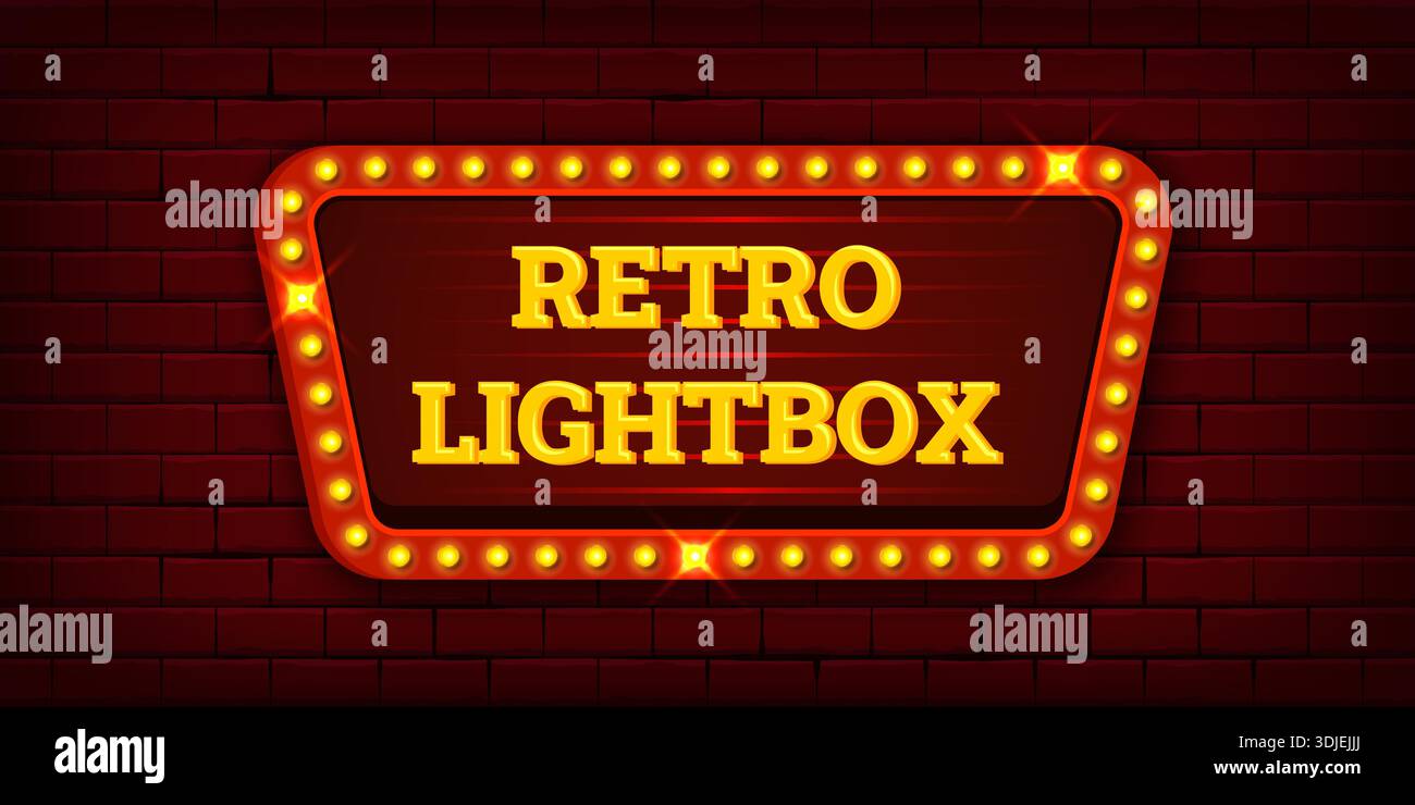 Scatola luminosa retrò. Cartello vintage con lampadine, cartellone per il cinema, il teatro, il casinò, il tendone di broadway, la cornice del cartello del teatro, sfondo in mattoni, illustrazione vettoriale, opere d'arte originali Illustrazione Vettoriale