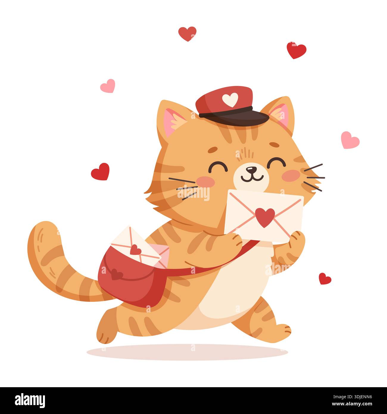 Il gattino cartoni animati Happy regala lettere cardiache con amore in un'illustrazione vettoriale brillante e giocosa Illustrazione Vettoriale