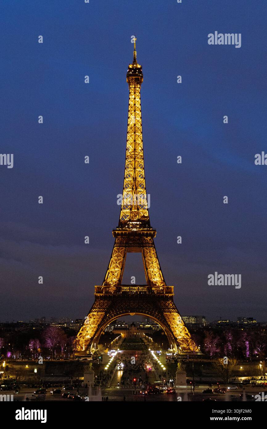 La torre Eiffel illuminata di notte, Parigi, Francia Foto Stock