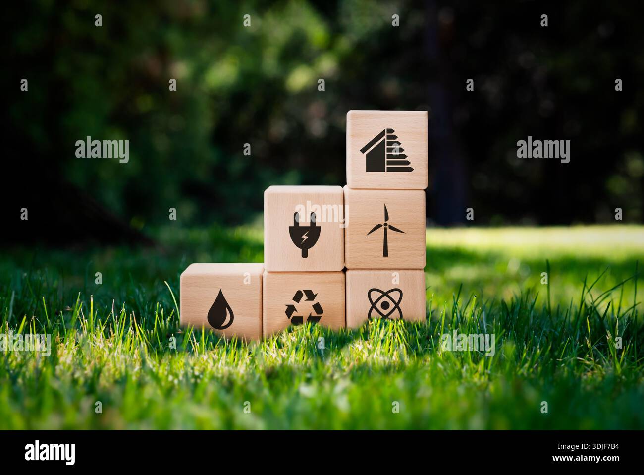 Tutela dell'ambiente, fonti energetiche rinnovabili e sostenibili. Concetto con blocchi di legno Foto Stock
