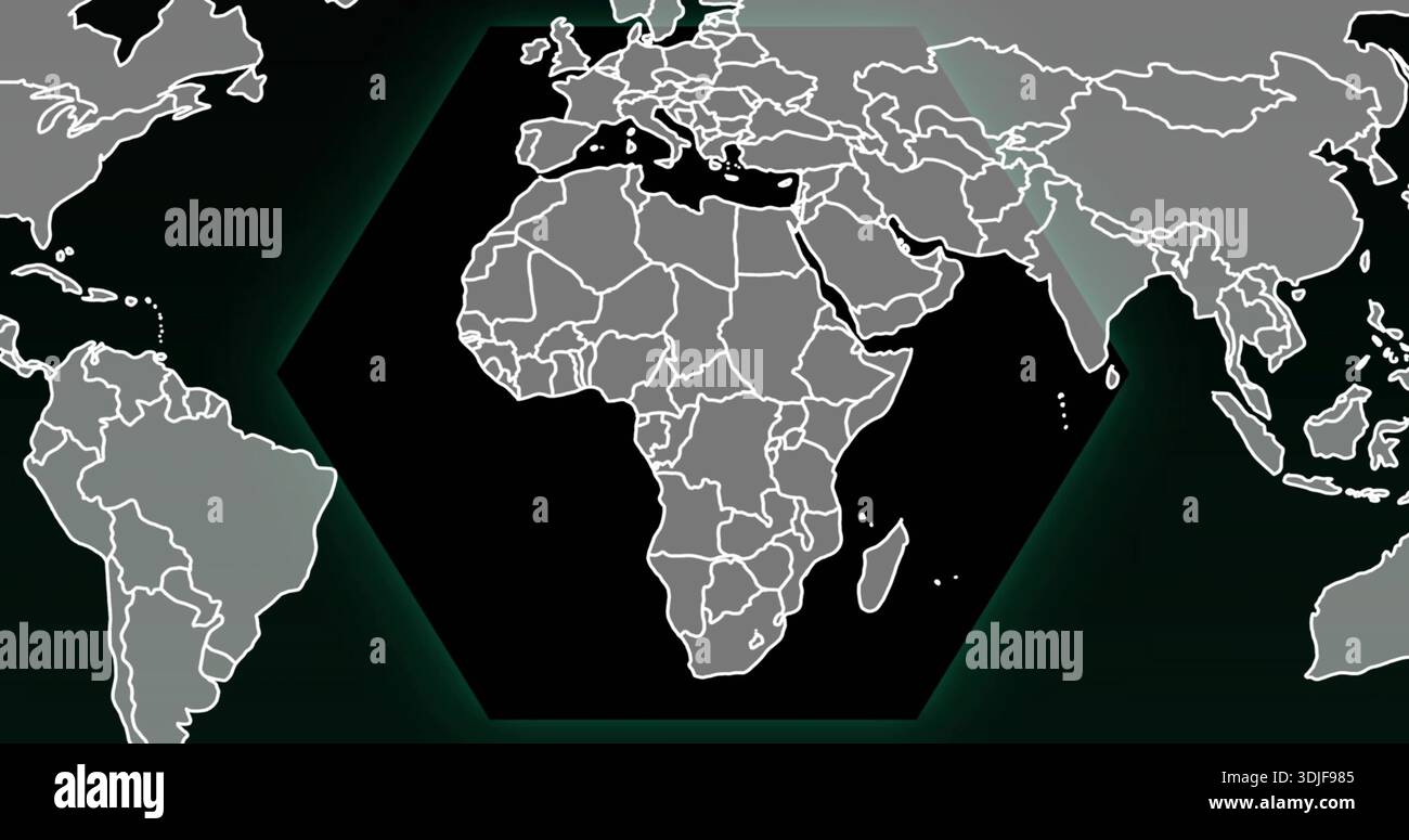 Visualizzazione della mappa vettoriale che mostra l'Africa su display digitale all'interno di un esagono scuro con bordi bianchi Foto Stock