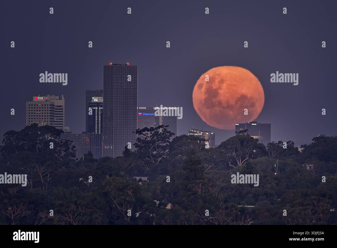 Sorge di luna sopra il quartiere centrale degli affari di Perth, Australia Occidentale. Foto Stock