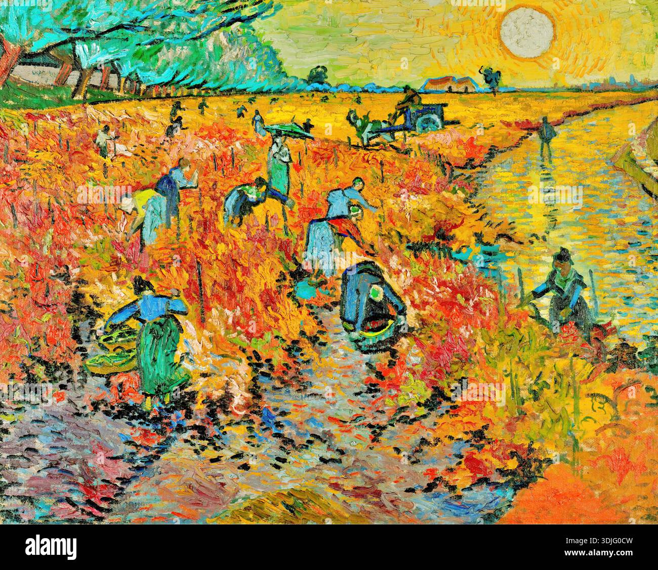 Vincent van Gogh "The Red Vineyard at Arles (Montmajour)" (4 novembre 1888) olio su tela, i lavoratori che raccolgono i vigneti in vivaci colori autunnali Illustrazione Vettoriale