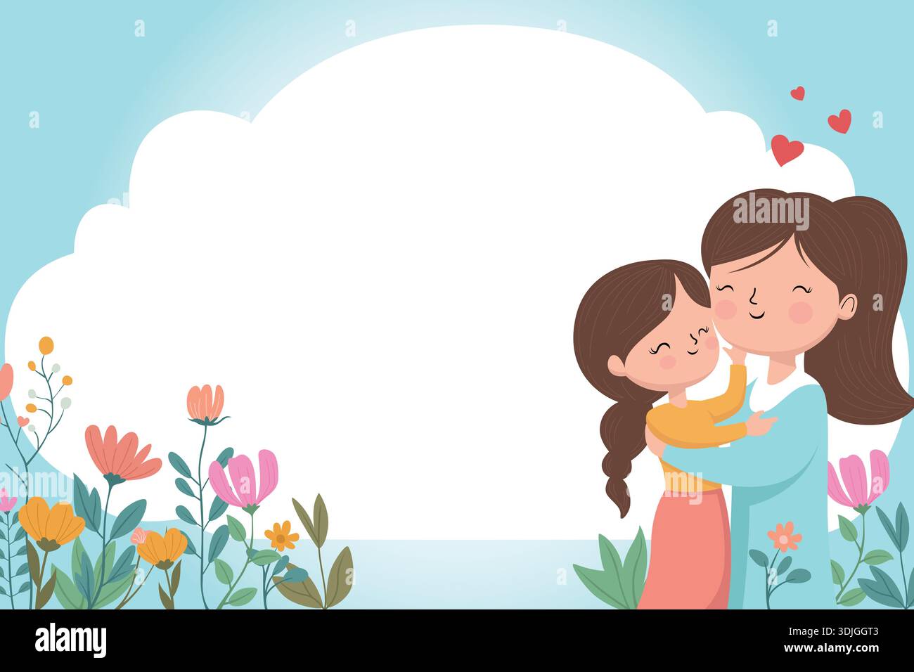 Madre e figlia abbracciate in un campo di fiori primaverili. Illustrazione Vettoriale