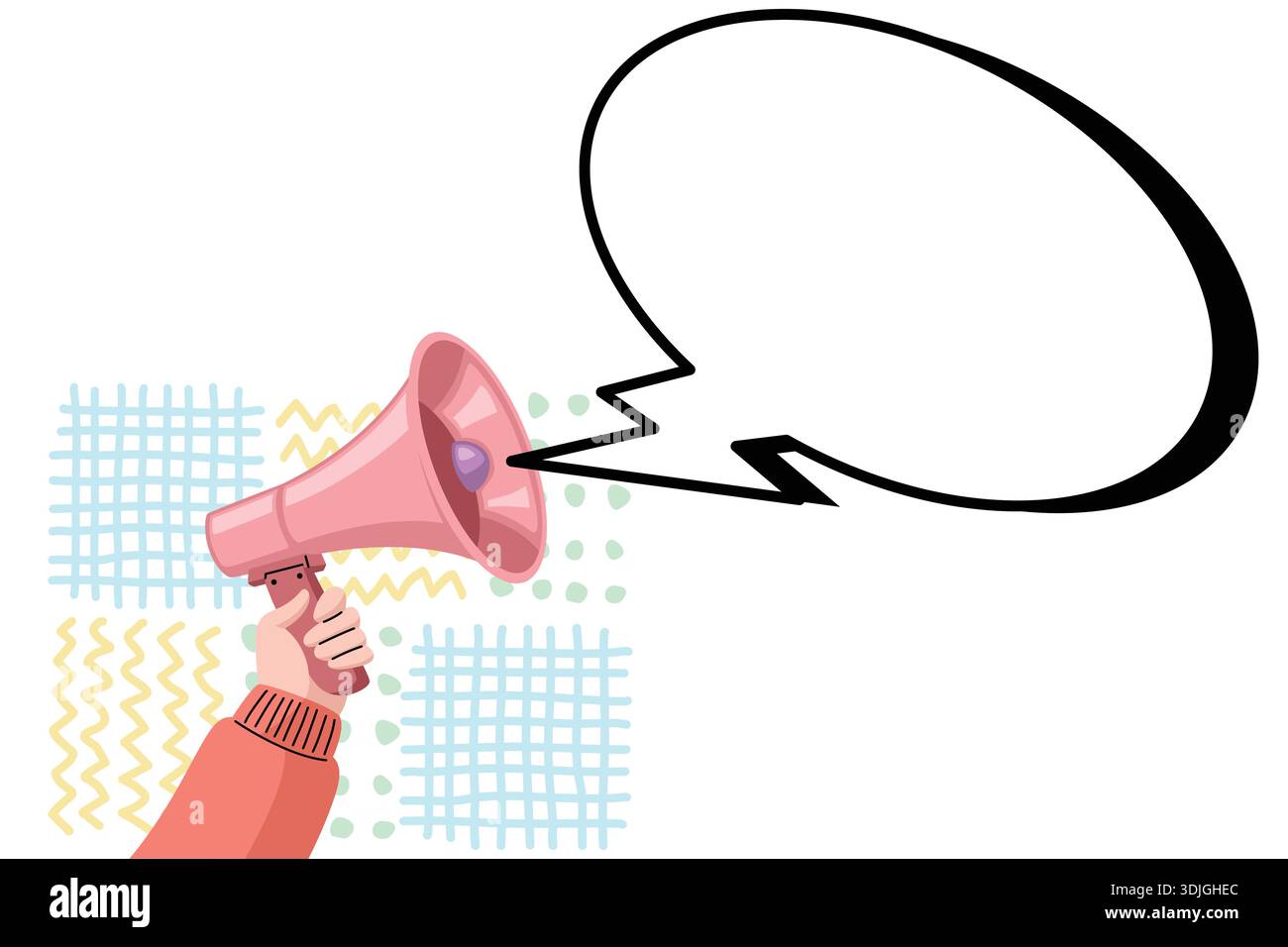 Mano che tiene in mano il megafono rosa con grande bolla ovale vuota. Illustrazione Vettoriale